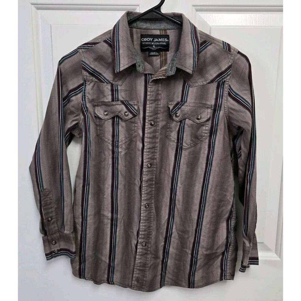 Cody James Boys Large Brown Vertical Stripe Long Sleeve Pearl Snap Western Shirt